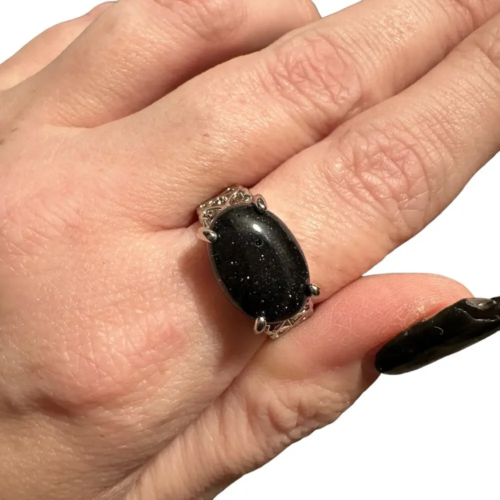 Dark Blue Goldstone Semi-Precious Silver Plated Ring New 7